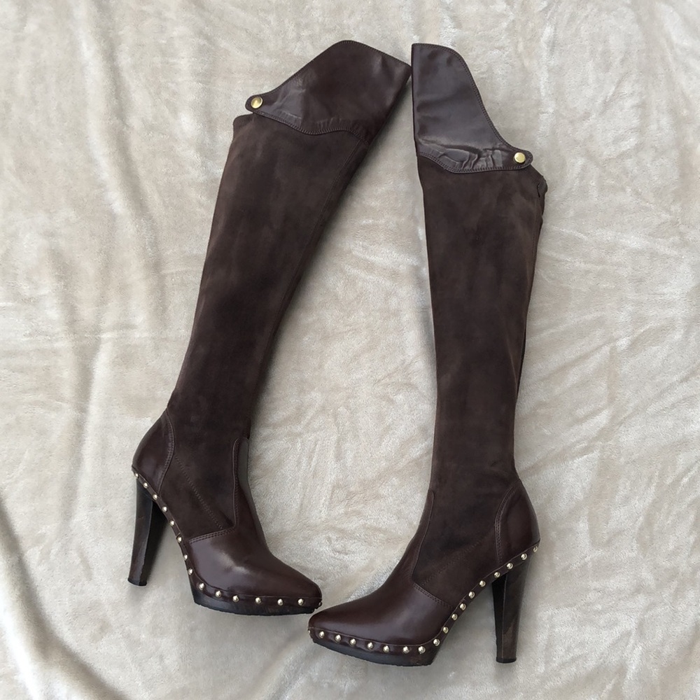 SERGIO ROSSI Chocolate Brown Suede/Leather Over the Knee Boot with Gold Studs